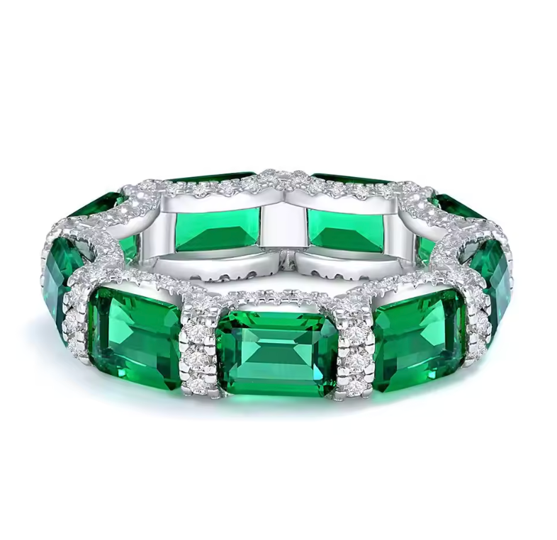 White Gold Emerald-Cut Vivid Emerald Eternity Band