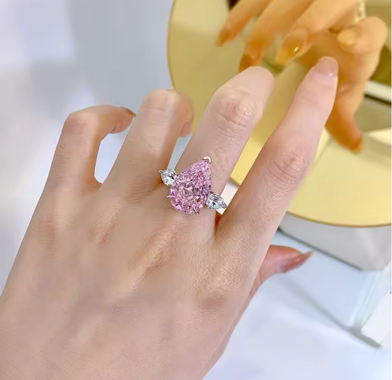 White Gold Three-Stone Pink Pear Solitaire Cocktail Ring