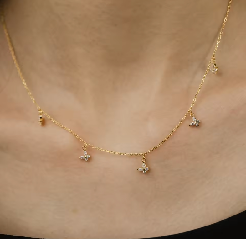 Gold Crystal Butterfly Charm Dangle Station Choker