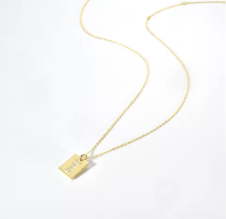 Gold Minimalist Rectangular Initial Dog Tag Pendant Necklace