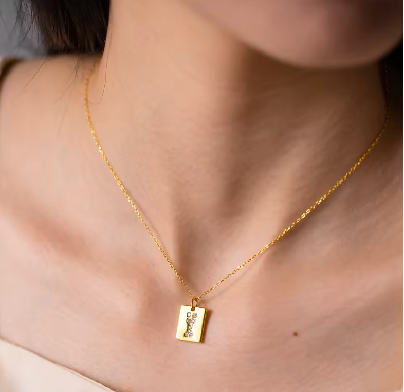 Gold Minimalist Rectangular Initial Dog Tag Pendant Necklace