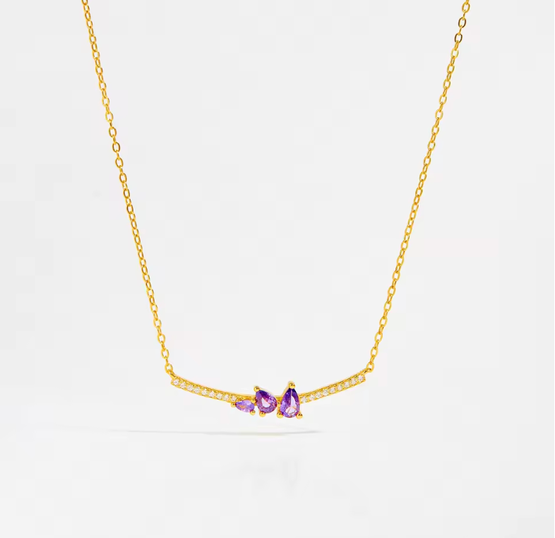 Gold Curved Bar Asymmetric Amethyst Pear Cluster Necklace