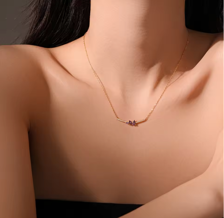 Gold Curved Bar Asymmetric Amethyst Pear Cluster Necklace