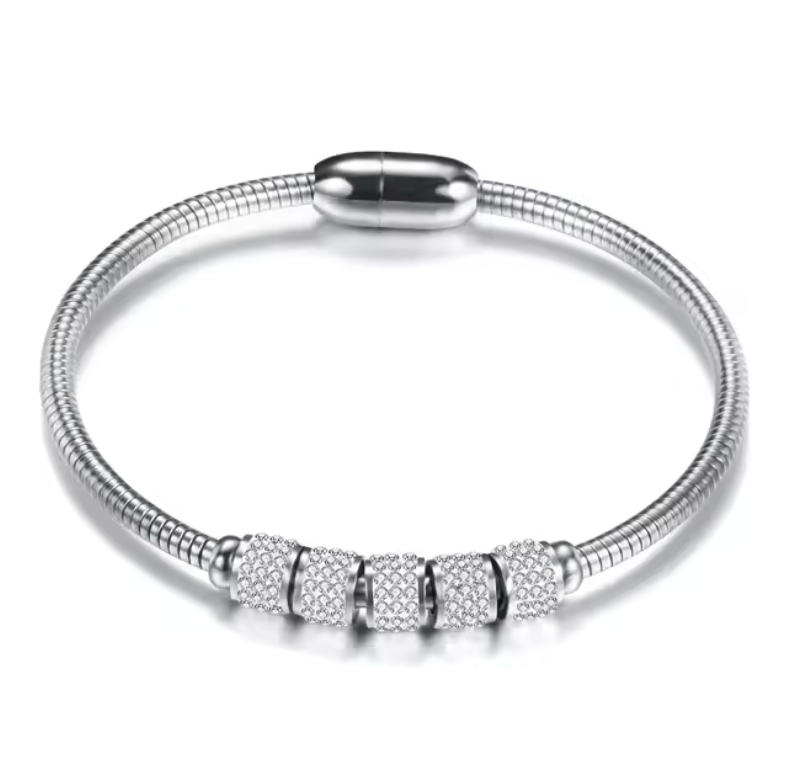 Stainless Steel Snake Chain Bangle with Crystal Pavé Barrel Charms
